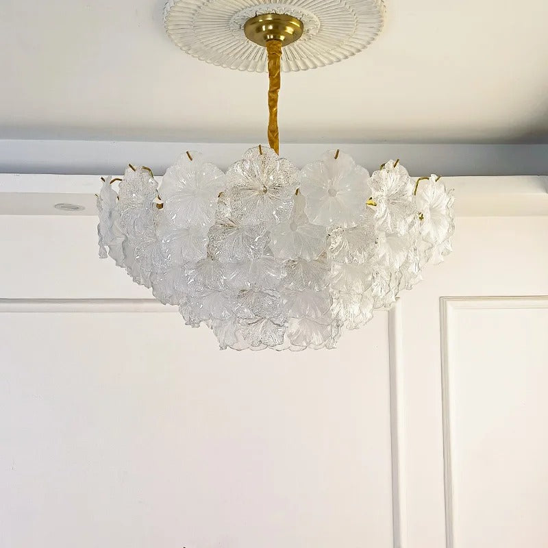French floral layered chandelier, white petal tiers with gold canopy and stem