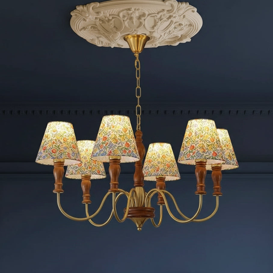 Floral-shade chandelier with central turned wood column and brass-toned arms