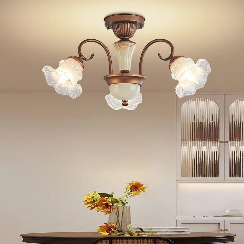 Antique 3-light ceiling light with central frosted glass bell and curved bronze arms