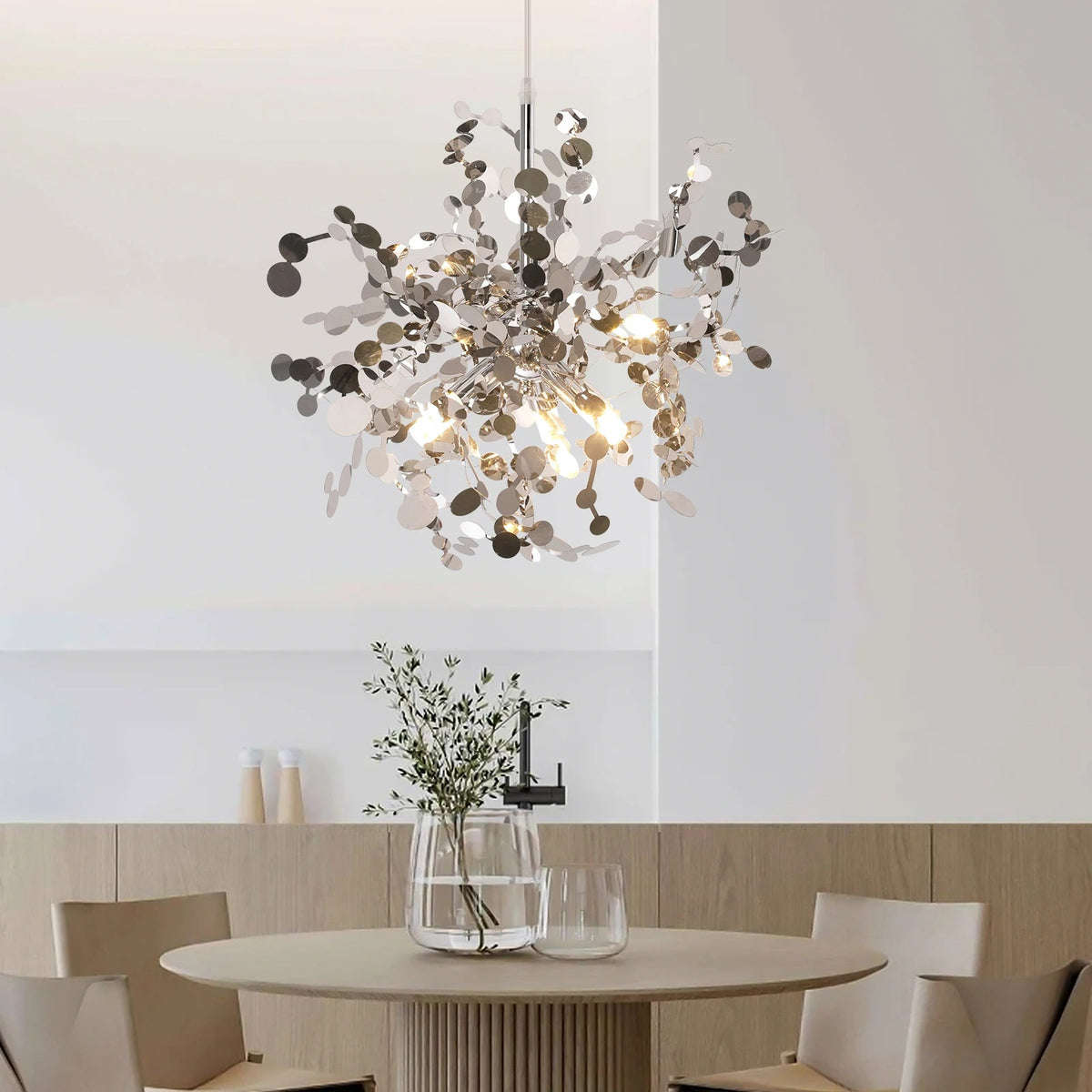 Silver-tone branch chandelier with hanging sequin discs and clear rods