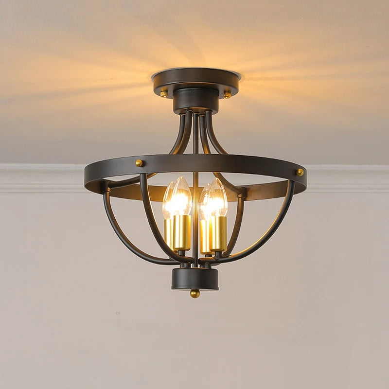 Open cage bowl ceiling light with dark bronze frame and 3 exposed bulbs