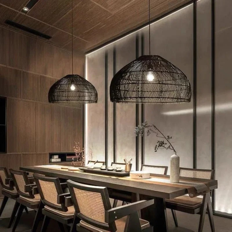 Black bamboo dome pendant light with woven slat shade