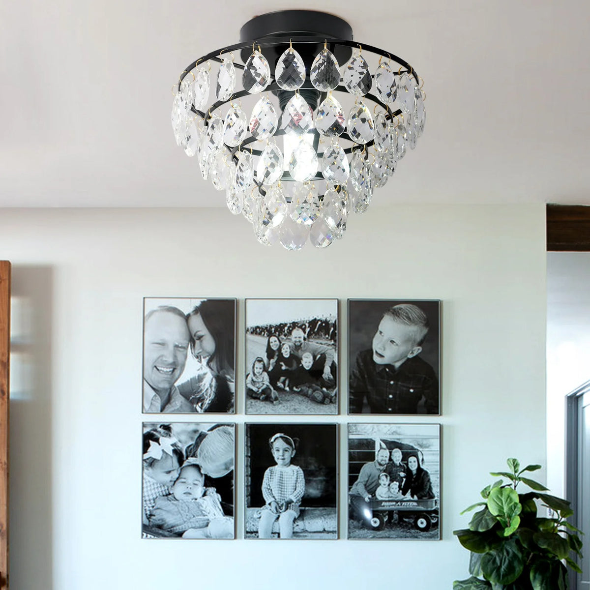Black ceiling light with nested crystal ring frame and clear dangling crystal drops