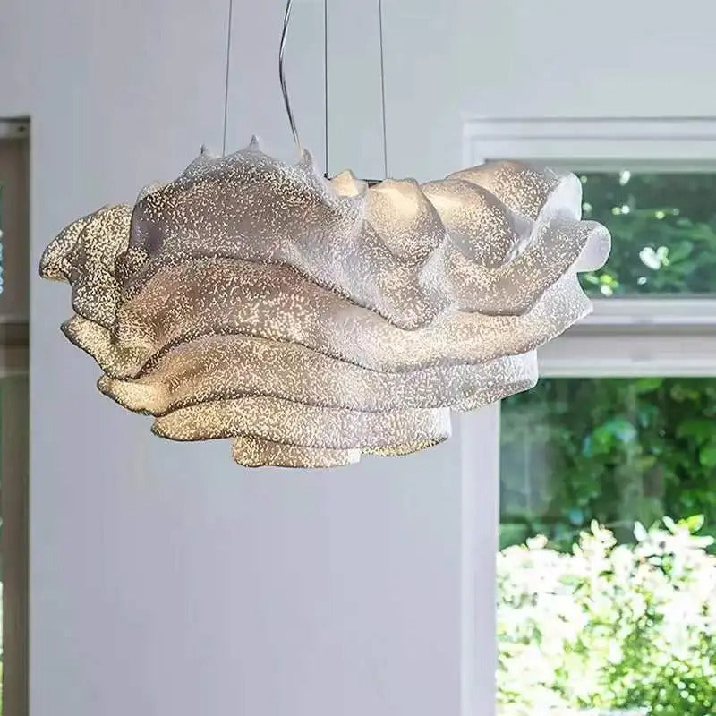 Jora cloud-shaped wave chandelier with textured layered wavy shade and hanging cords