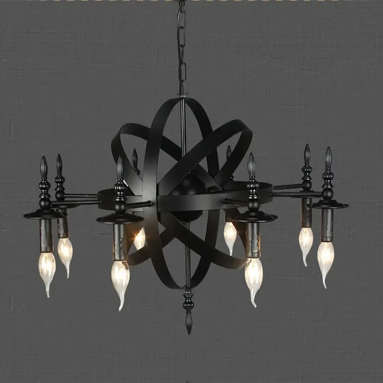 Retro candelabra chandelier with cross-arms, black metal wheel, multiple candle bulbs