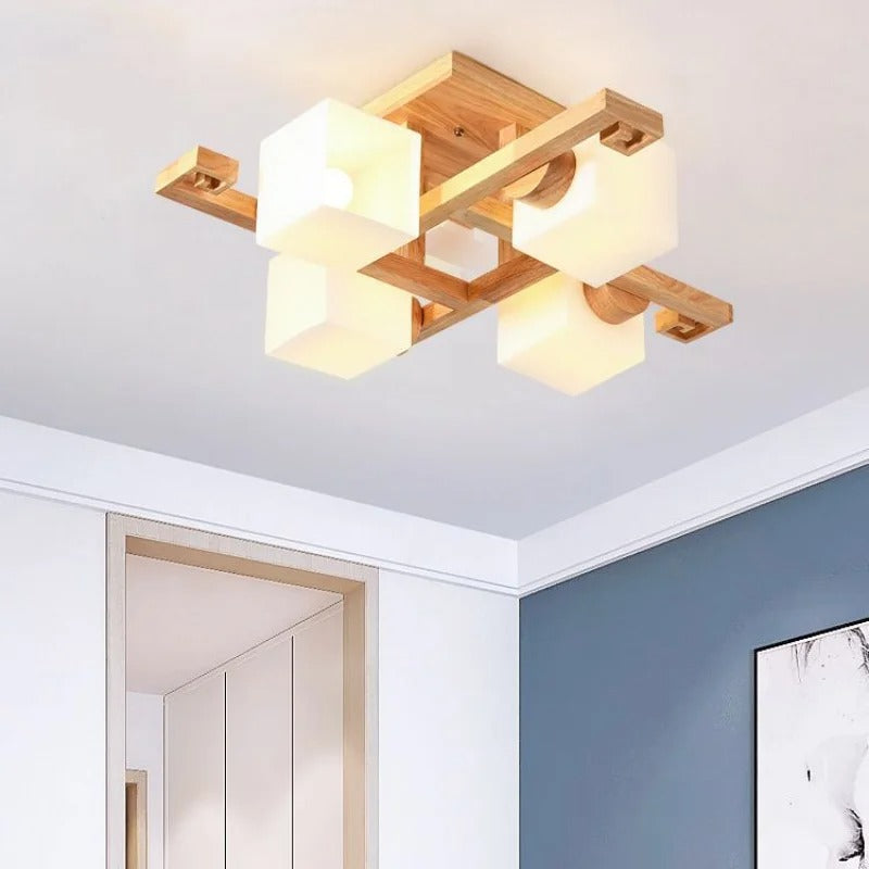 Wooden ceiling light with multi-square frame and white cube light shades