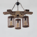 Wood and metal cage chandelier with four hanging cylinder lanterns and chain ceiling cap