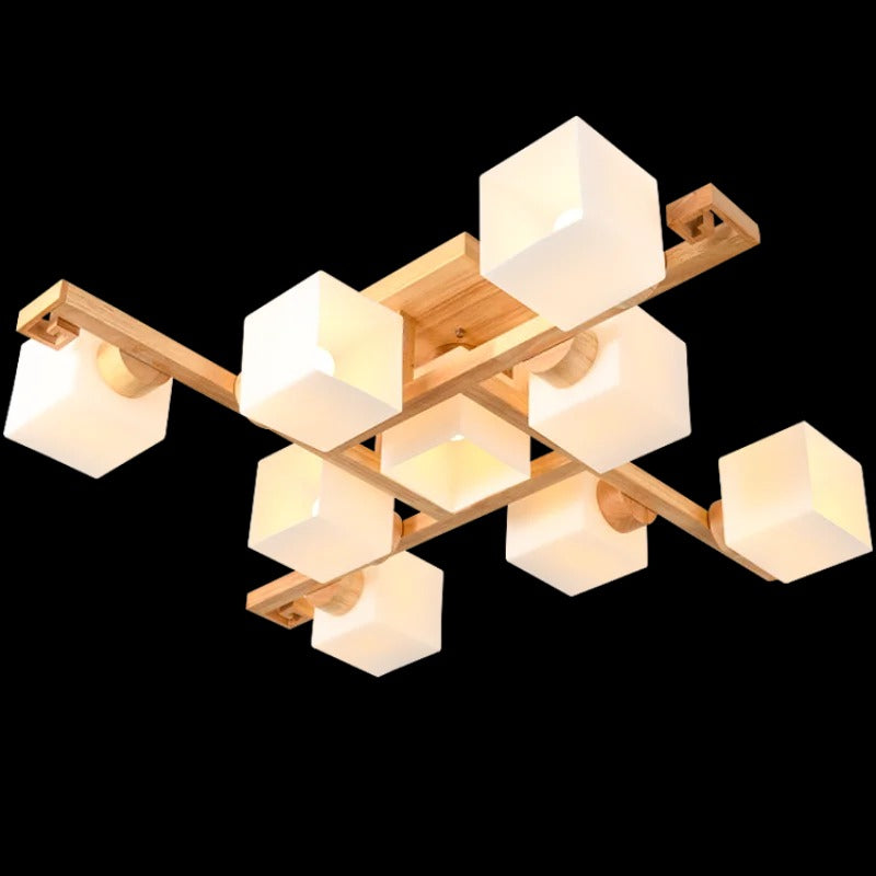 Wooden multi-head square ceiling light with multiple white cube lampshades