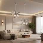 Silver branch chandelier cluster with sequin discs and glowing bulbs, hanging pendant