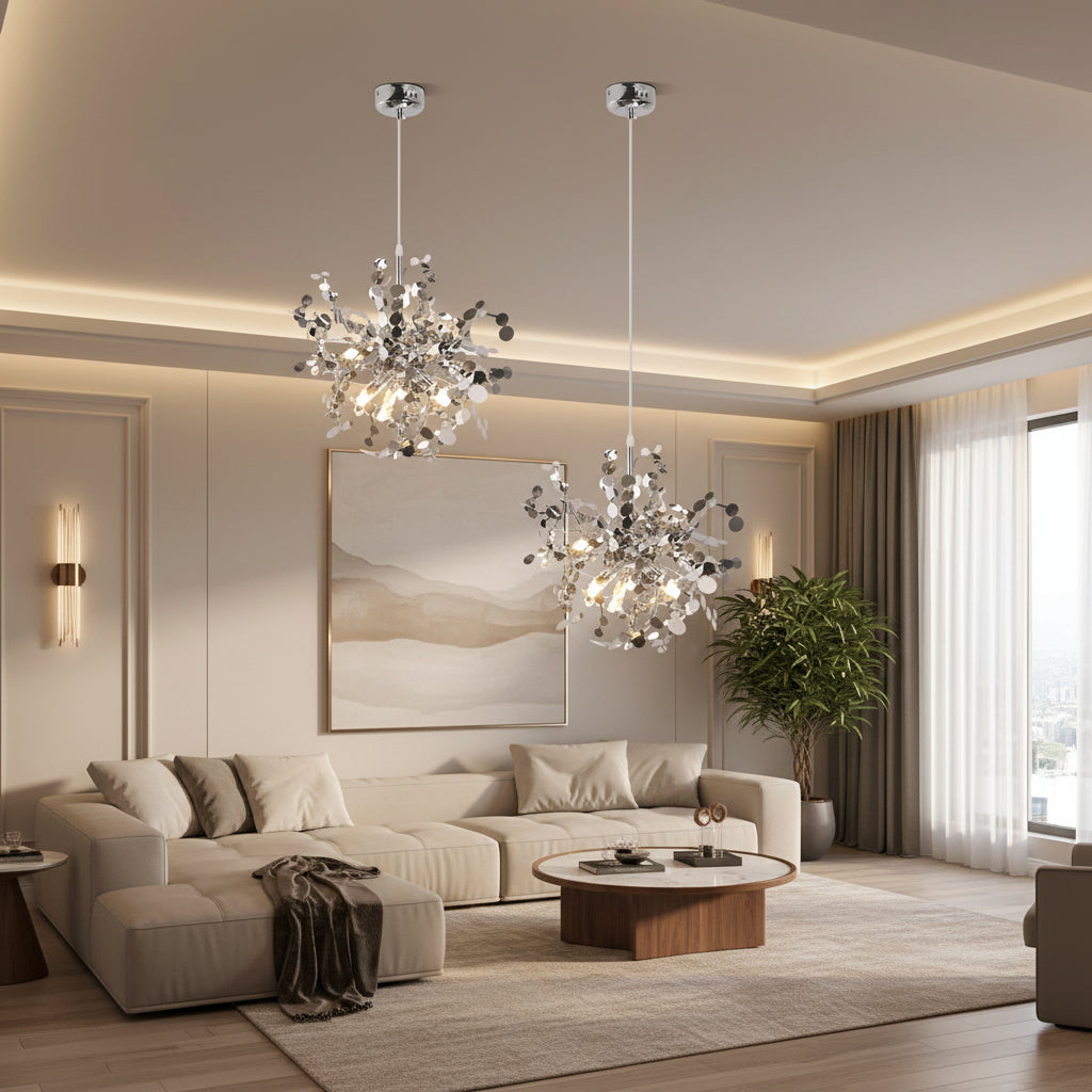 Silver branch chandelier cluster with sequin discs and glowing bulbs, hanging pendant