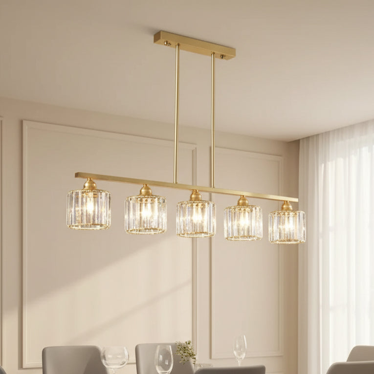 Gold 5-light linear chandelier with five clear cylindrical glass shades, hanging rods