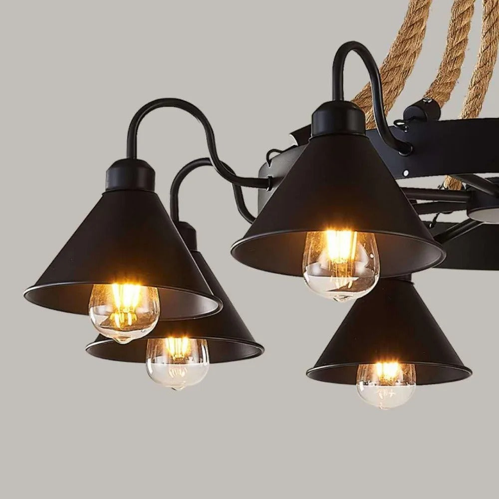 Black cone pendant chandelier with exposed filament bulbs and rope-wrapped cords