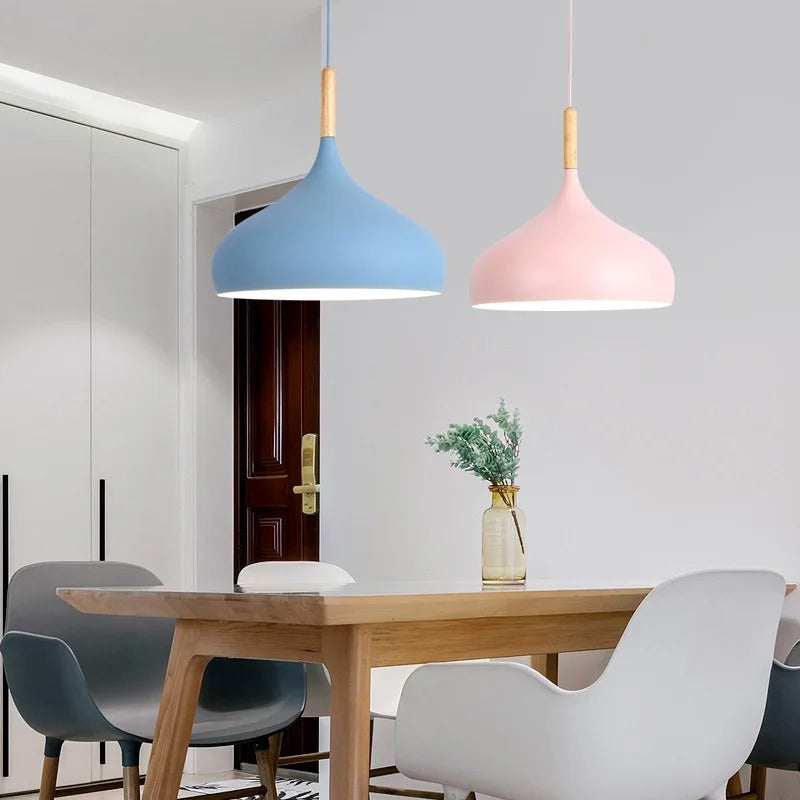 Dome flared pendant light with blue and pink shades and light wood cord mounts