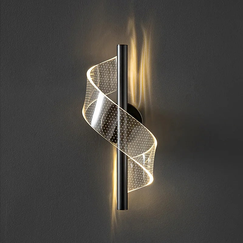 Gold twisted spiral wall light with perforated mesh shade and vertical bar