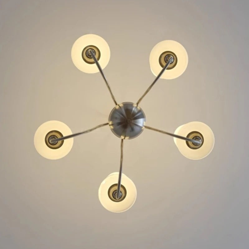 Conical multi-arm chandelier with five white shades and arched metal arms