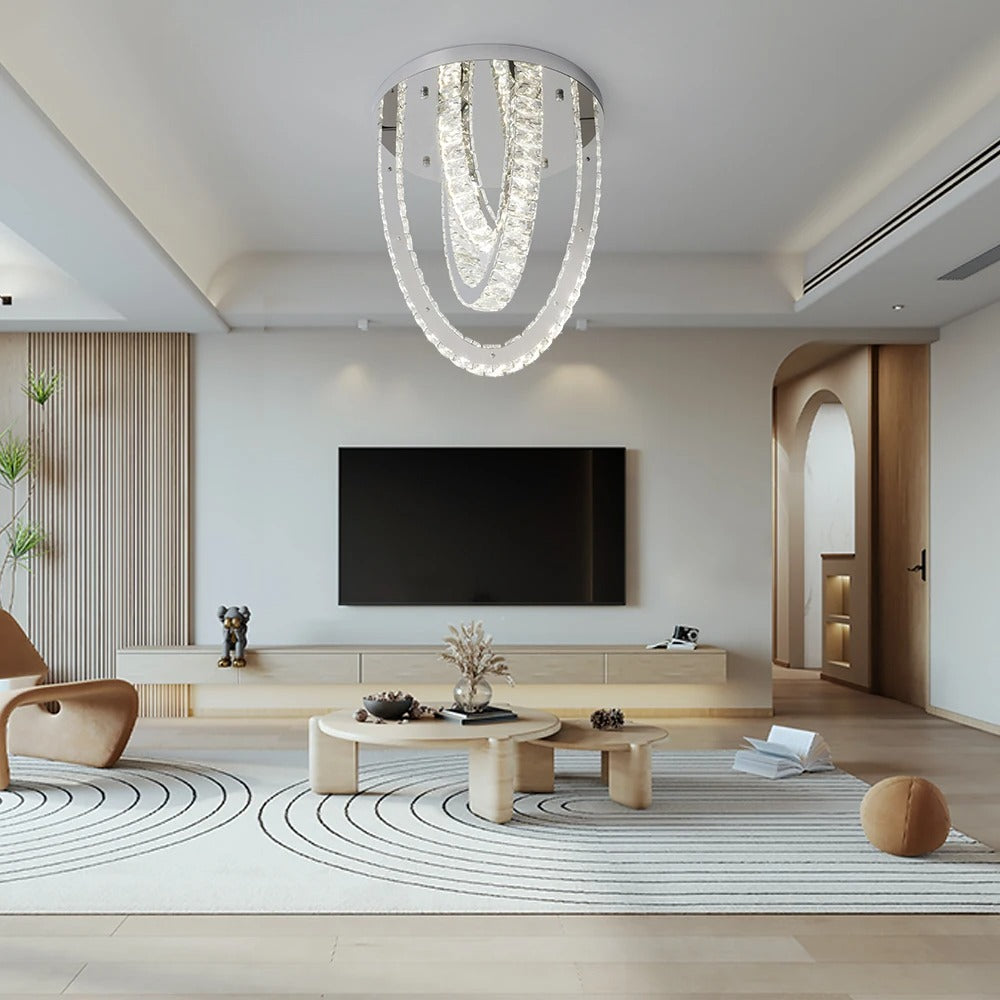 Faceted crystal loop ceiling light with circular halo frame and clear crystal strands