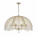 Gold and clear umbrella-style chandelier with beaded dome, glass drops, and bulbs