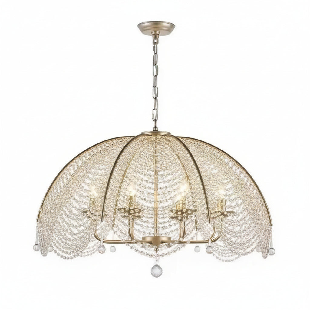Gold and clear umbrella-style chandelier with beaded dome, glass drops, and bulbs