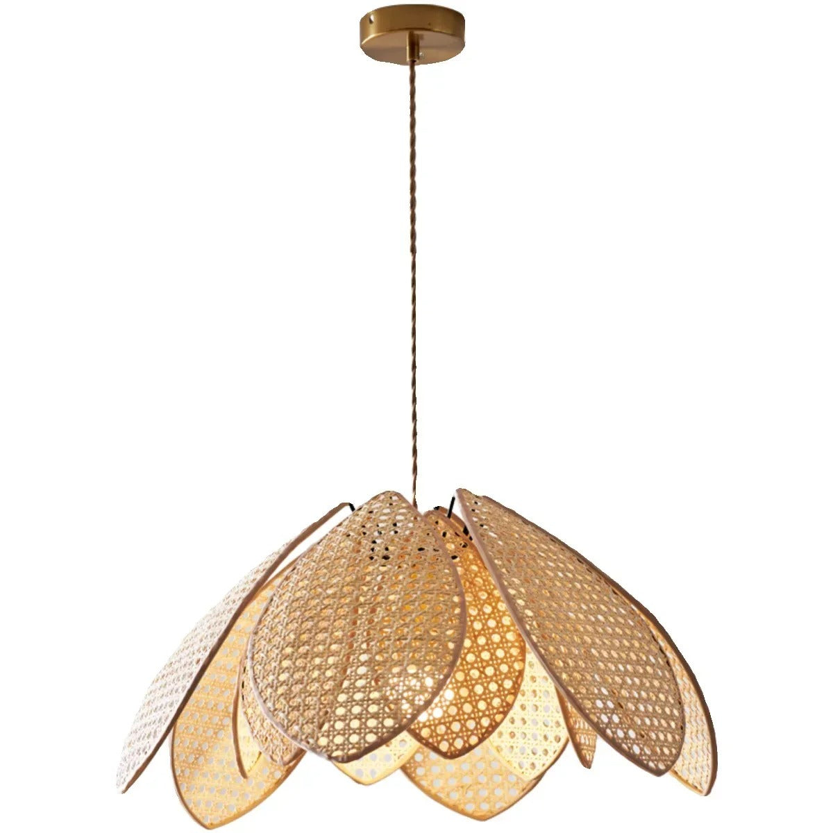 Woven rattan tiered pendant light with petal shade, brass ceiling mount