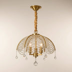 Gold umbrella-style chandelier with twisted chain stem and beaded crystal shade