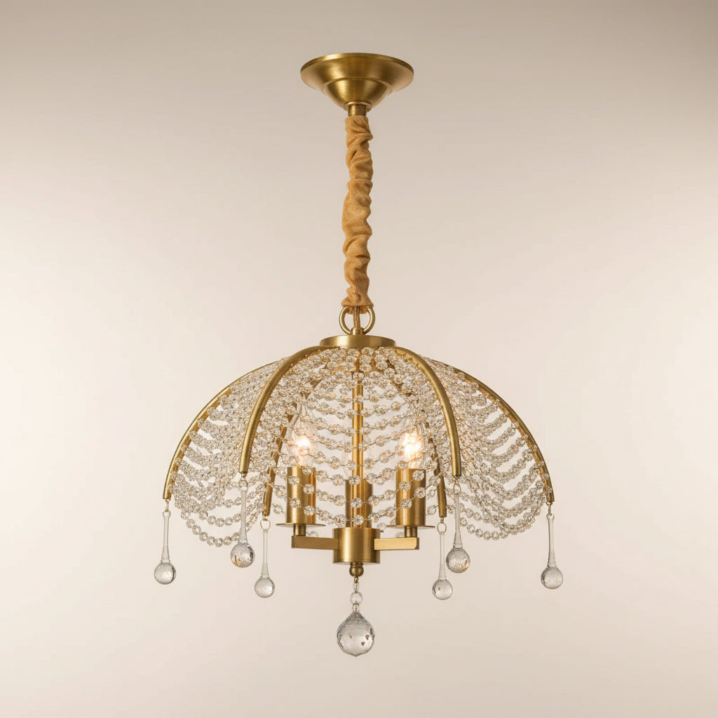 Gold umbrella-style chandelier with twisted chain stem and beaded crystal shade