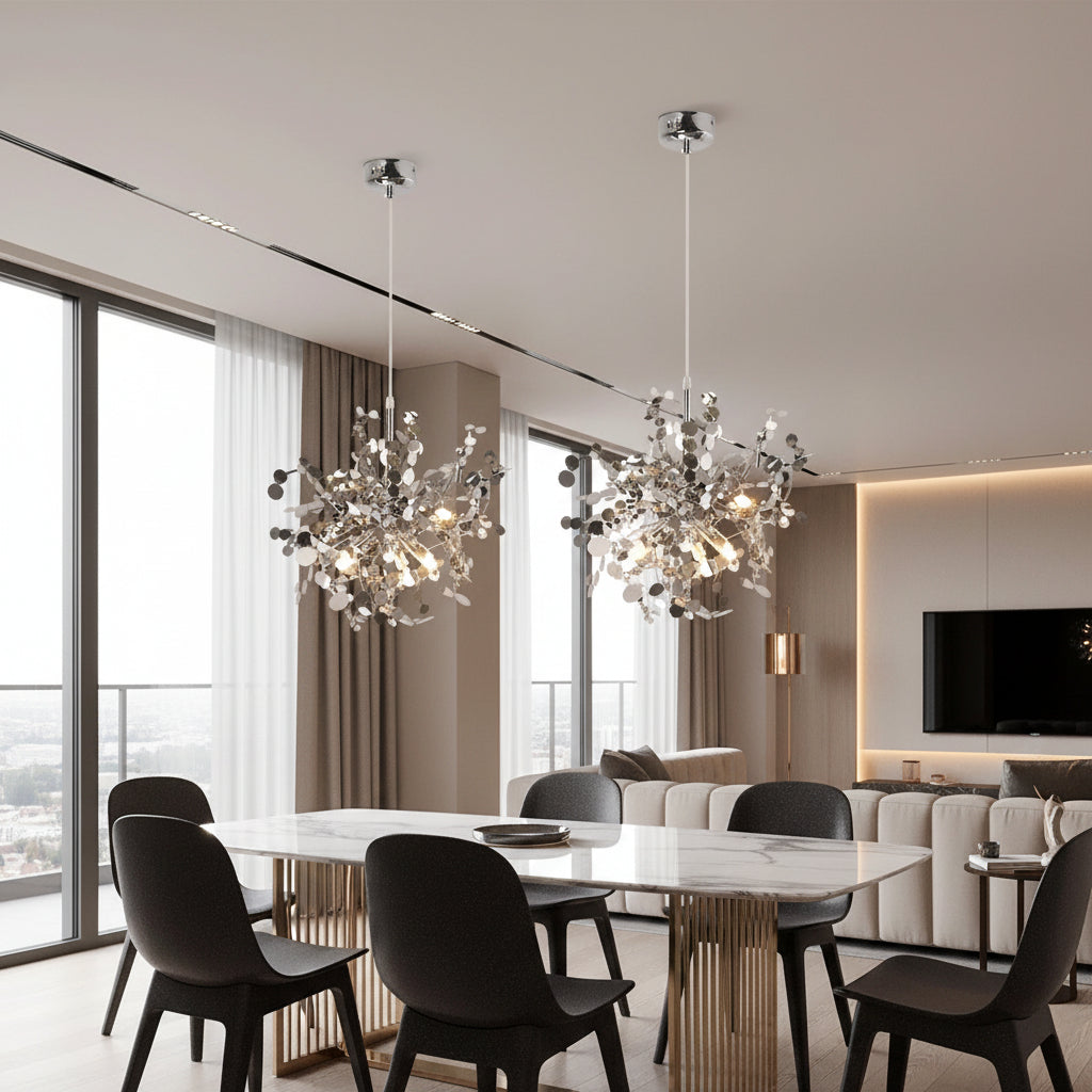 Silver branch chandelier with cascading sequin discs and glowing bulbs, modern pendant