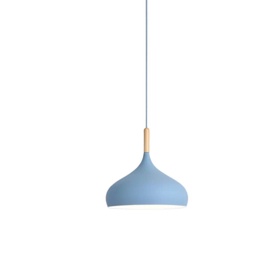 Dome flared pendant light with a blue shade and light wood hanging cord