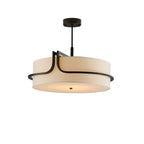 Round drum ceiling chandelier with open black frame and beige fabric shade