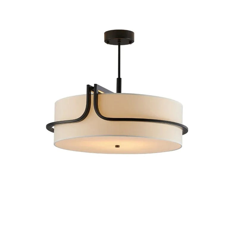 Round drum ceiling chandelier with open black frame and beige fabric shade