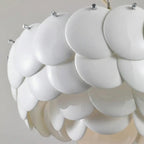 Close-up of layered white disc chandelier shades with small metal mounting studs