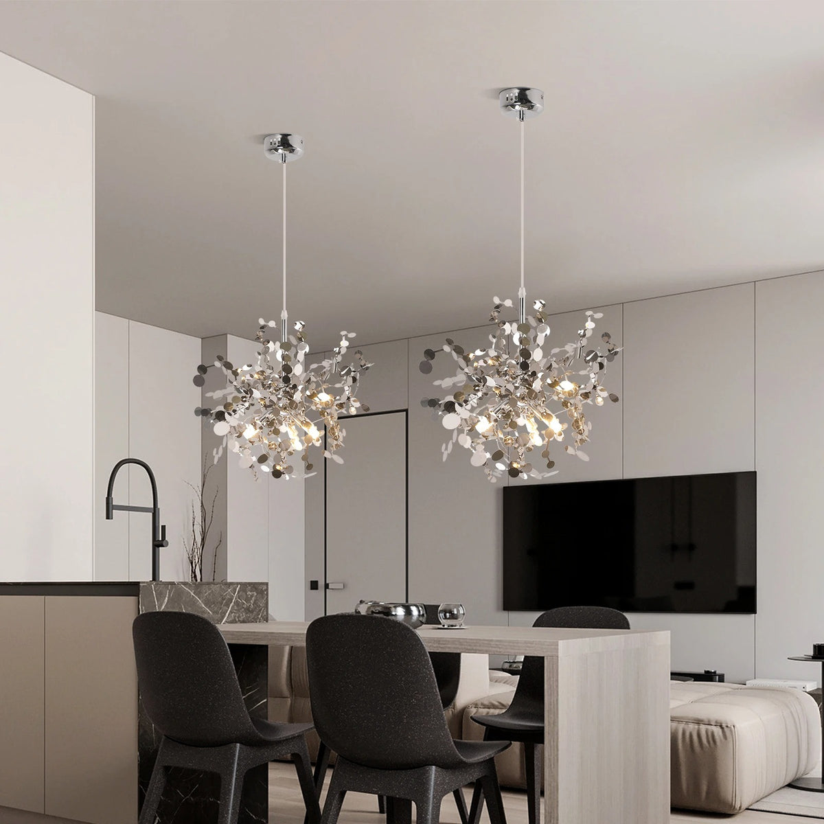 Branch chandelier pair with silver-tone sequin discs and crystal-like drops