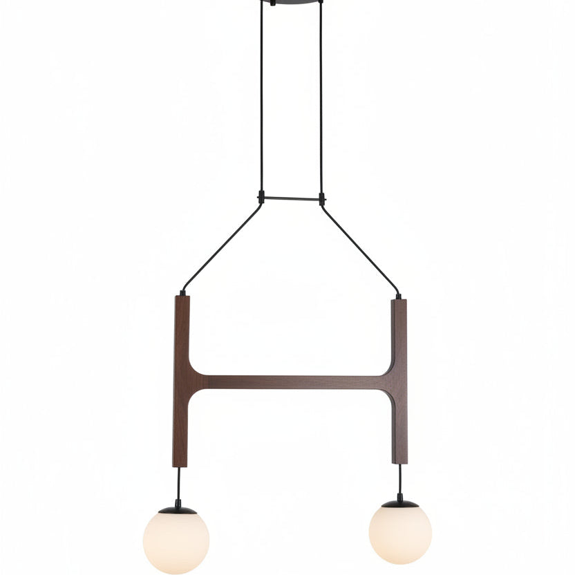 Walnut globe pendant chandelier with rectangular H-frame and two hanging orb bulbs