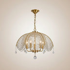 Umbrella-style crystal chandelier with gold frame, scalloped beaded panels, and drops