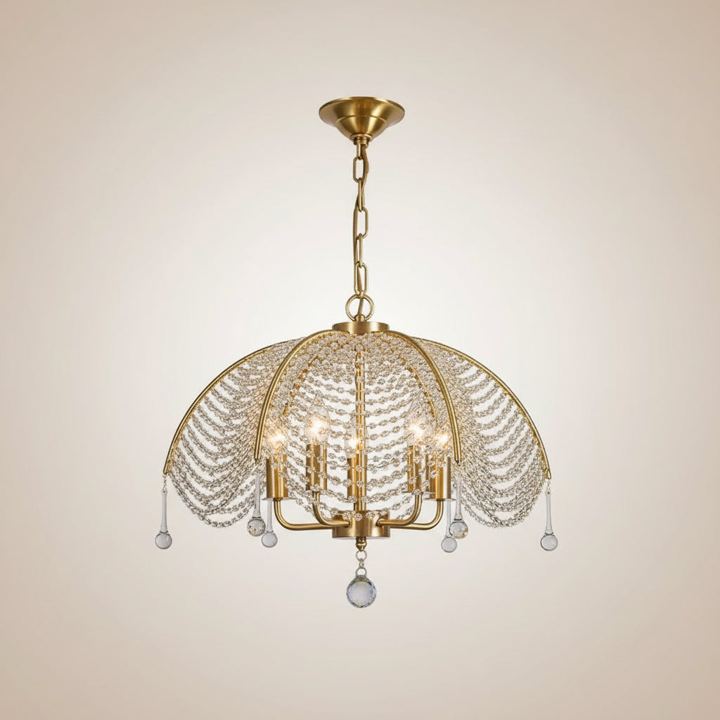 Umbrella-style crystal chandelier with gold frame, scalloped beaded panels, and drops