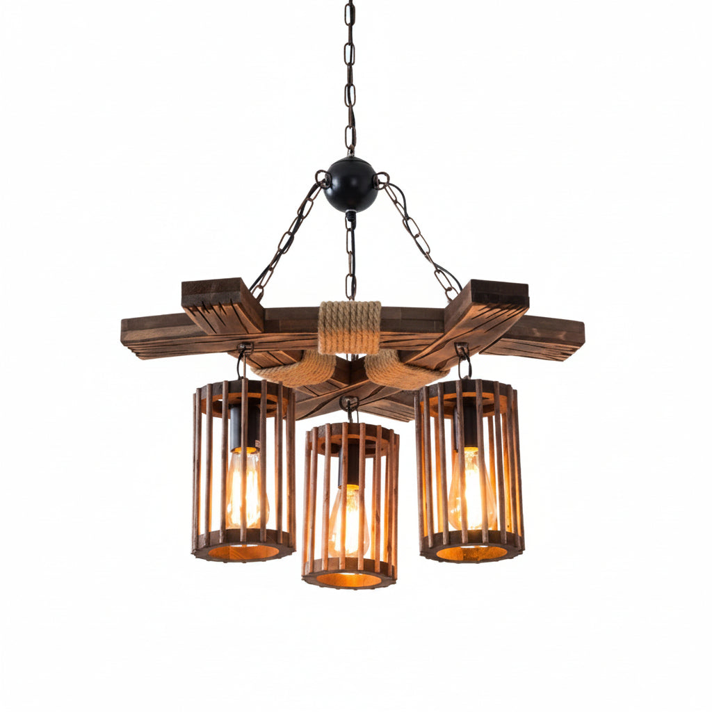 Cylindrical cage chandelier with wood slatted crossbar, four amber glass lanterns and chain