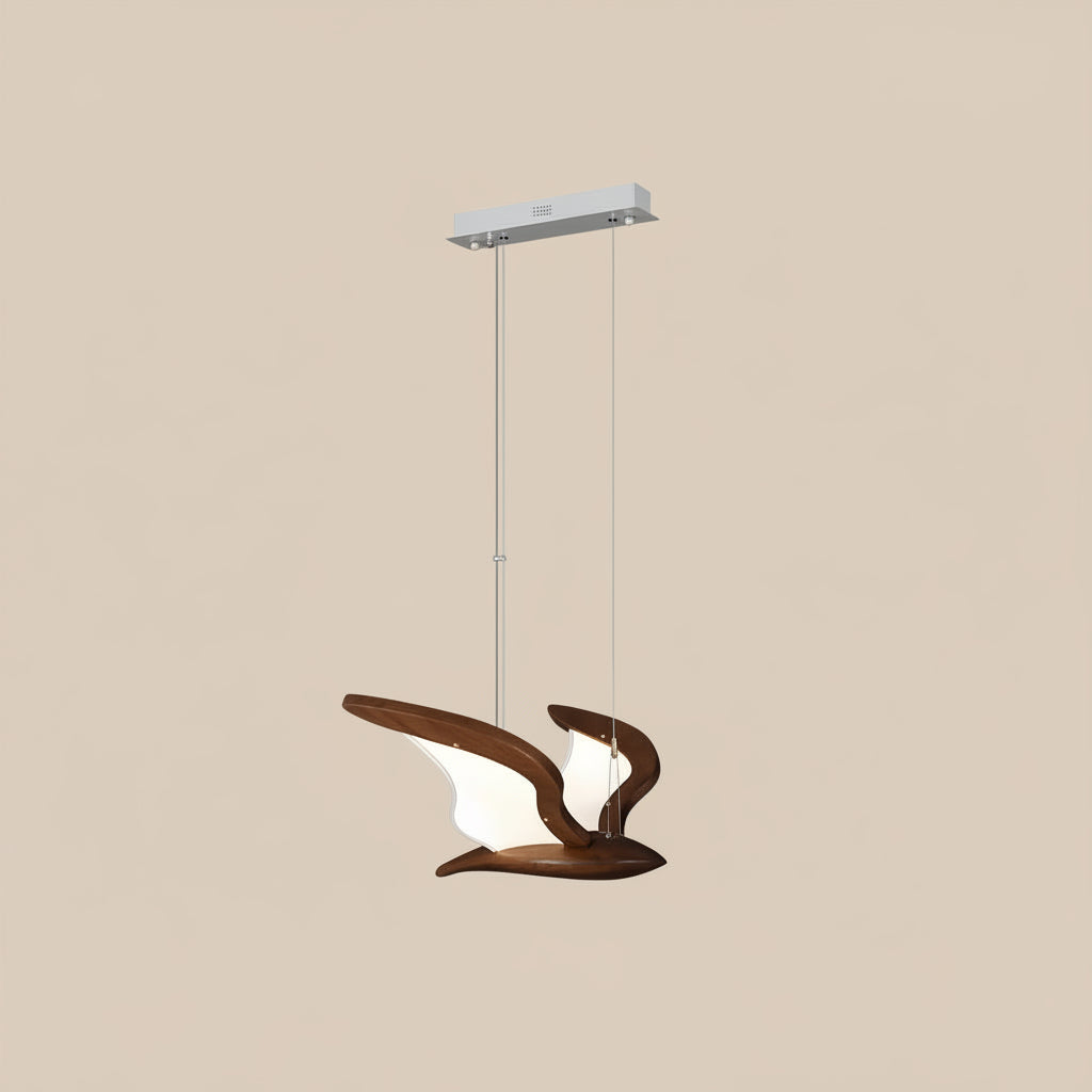 Wooden bird-style pendant light with LED glow, two curved wing shades and ceiling bar