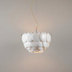 Art Deco disc pendant chandelier with tiered white round shades and hanging cord