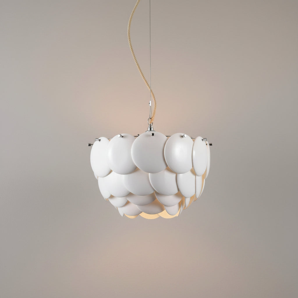 Art Deco disc pendant chandelier with tiered white round shades and hanging cord