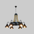 Industrial cone chandelier with rope bundle suspension and black cone shades with bulbs