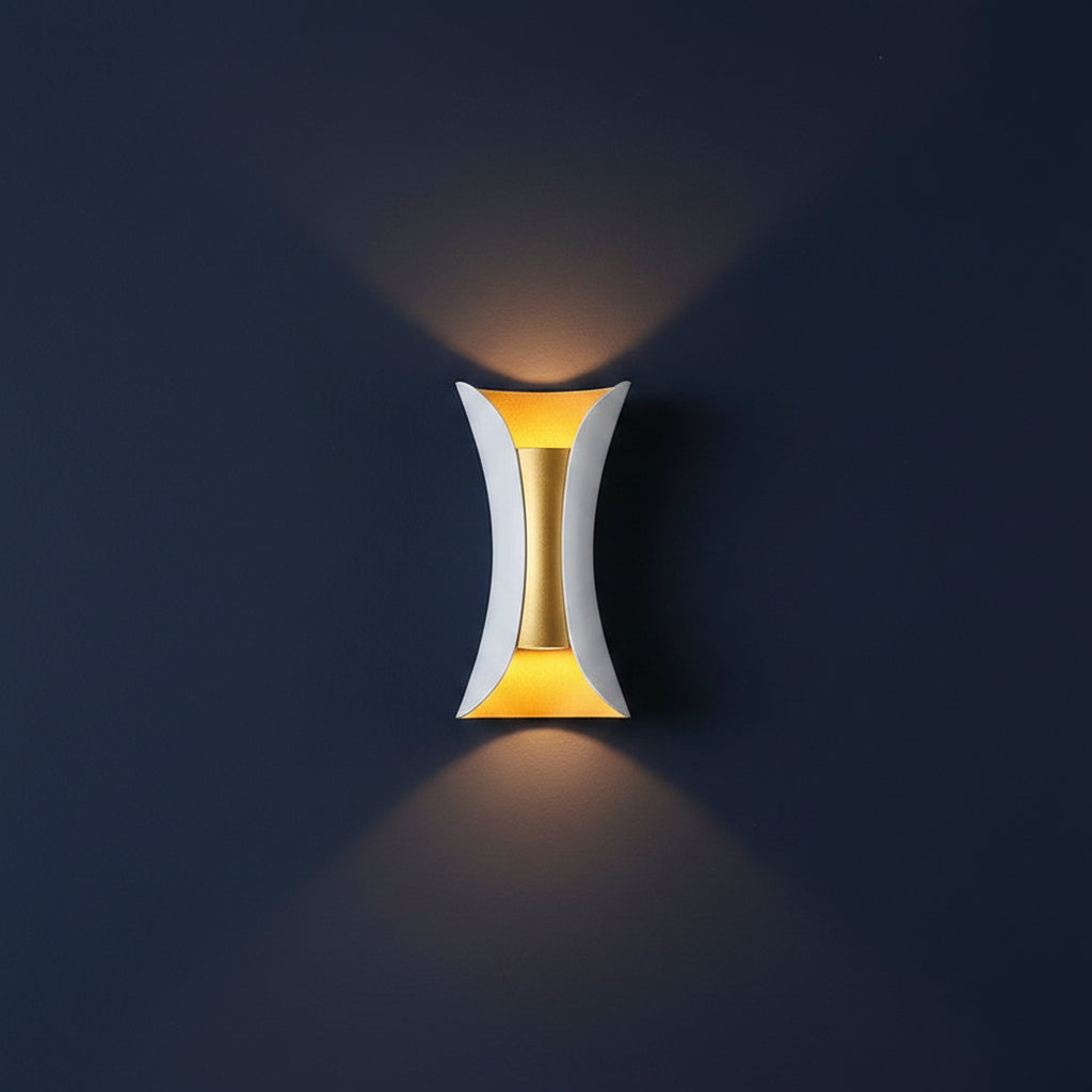 White up-and-down wall light with gold inner reflector, wall-mounted