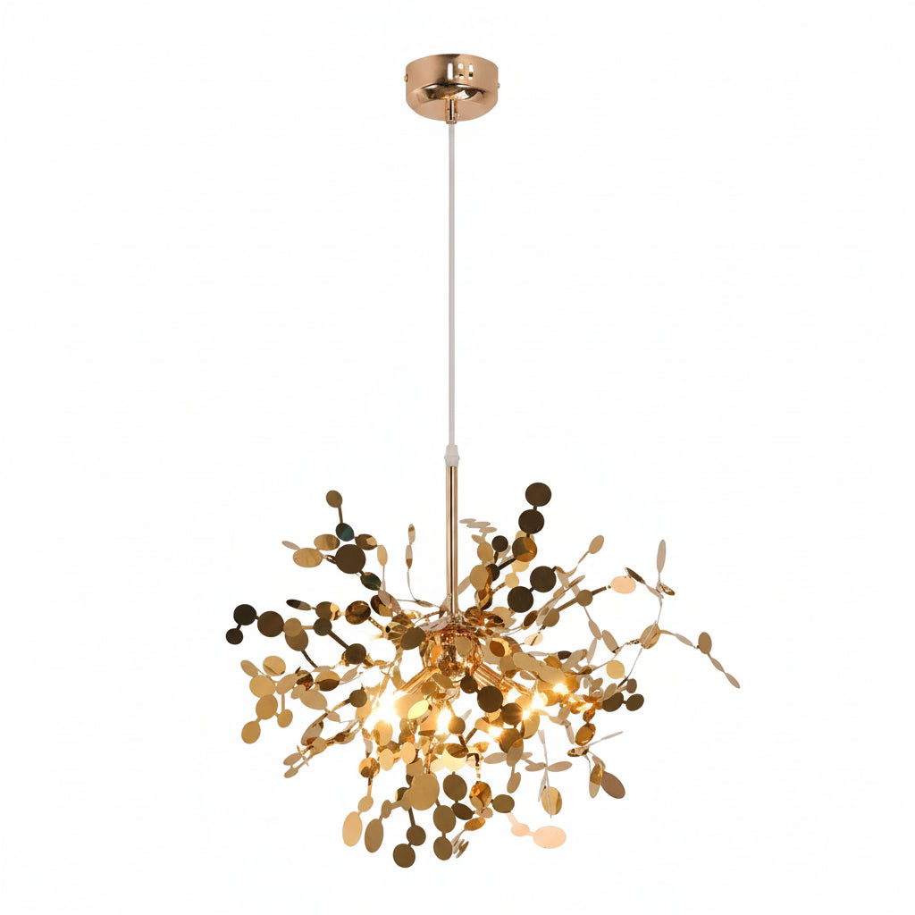 Gold branch chandelier with sequin-disc cluster and cylindrical bulbs, pendant ceiling light