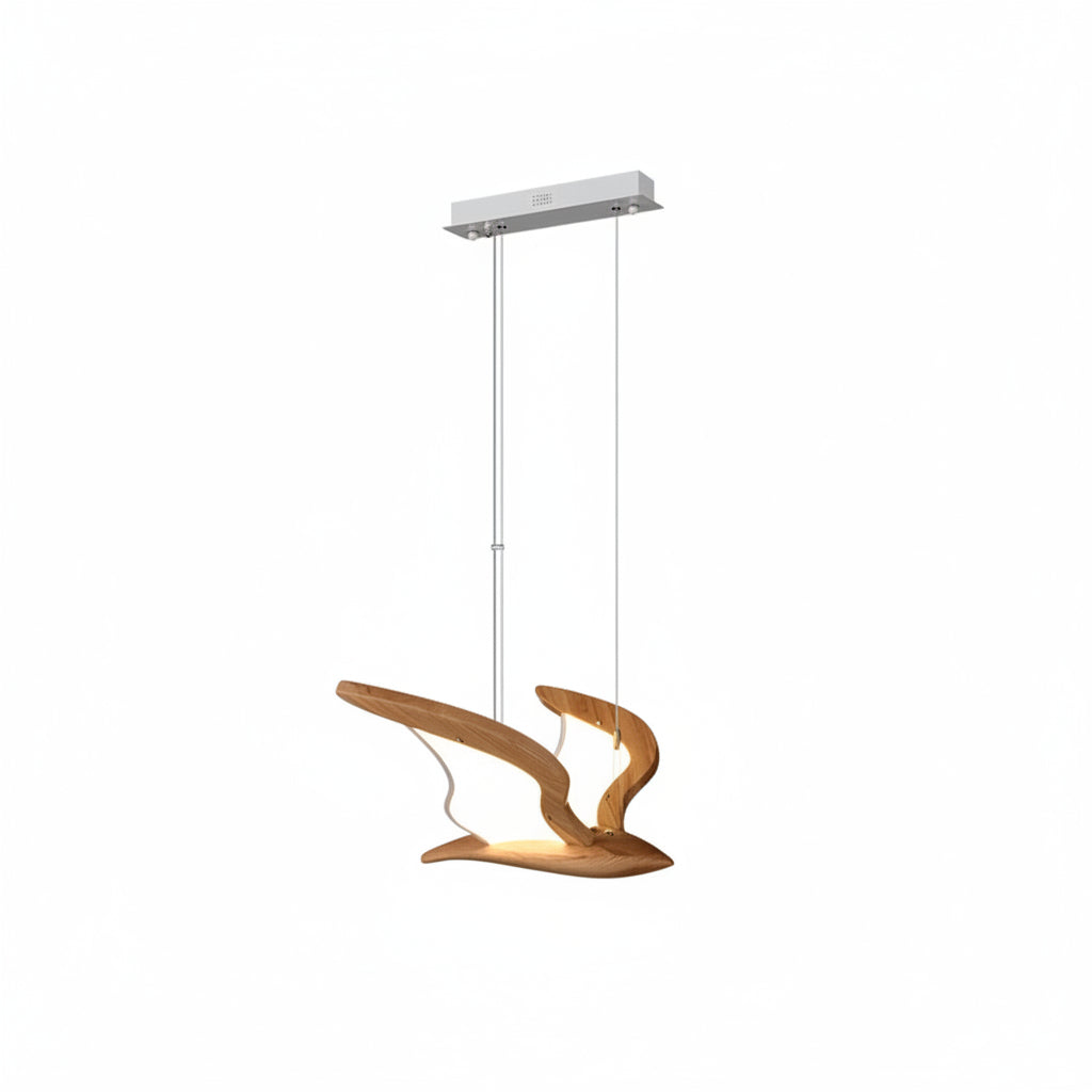 Wooden bird-style pendant light with LED glow, ceiling mount and two wing shades