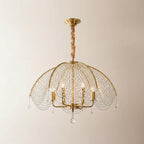 Gold umbrella-style crystal chandelier with beaded dome shade and teardrop crystal drops