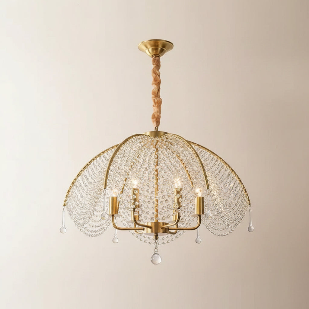 Gold umbrella-style crystal chandelier with beaded dome shade and teardrop crystal drops