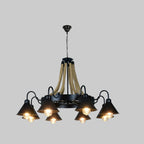 Rope-suspended industrial chandelier with black cone shades and glowing exposed bulbs
