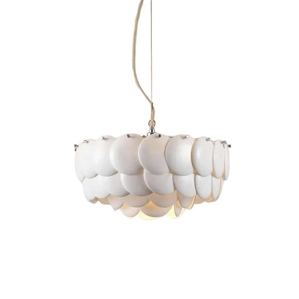 Pendant chandelier with tiered white disc shades, central chain and hanging hook