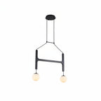 Black H-frame globe pendant chandelier with two hanging orb bulbs and round canopy