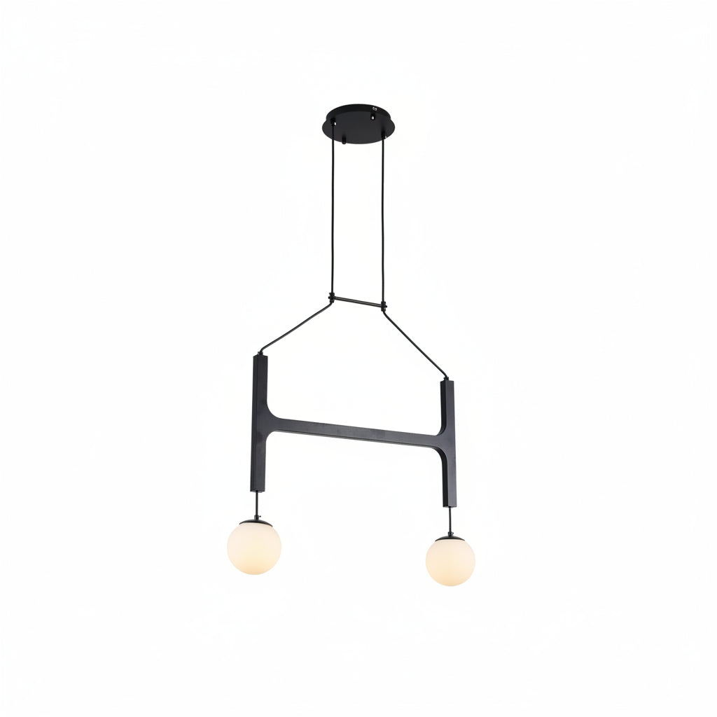 Black H-frame globe pendant chandelier with two hanging orb bulbs and round canopy