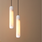Evon alabaster tube pendant light, two long cylindrical shades with black cords