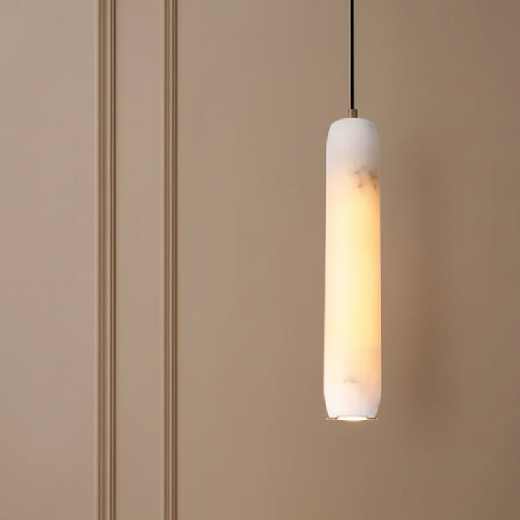 Evon alabaster tube pendant light with long cylindrical alabaster shade and black cord